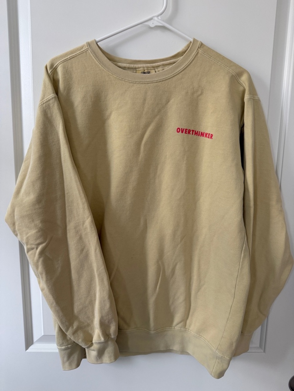 Comfort Colors Butter Yellow Crewneck Sweatshirt with Pink Chest Print - Medium
